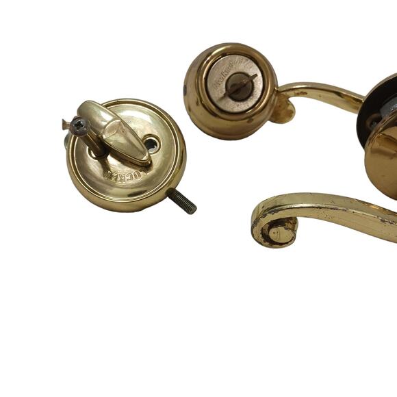 80s Brass French FRONT DOOR KNOB & DEADBOLT Fixtures w 2 Keys Gold Retro Handle - Picture 3 of 16